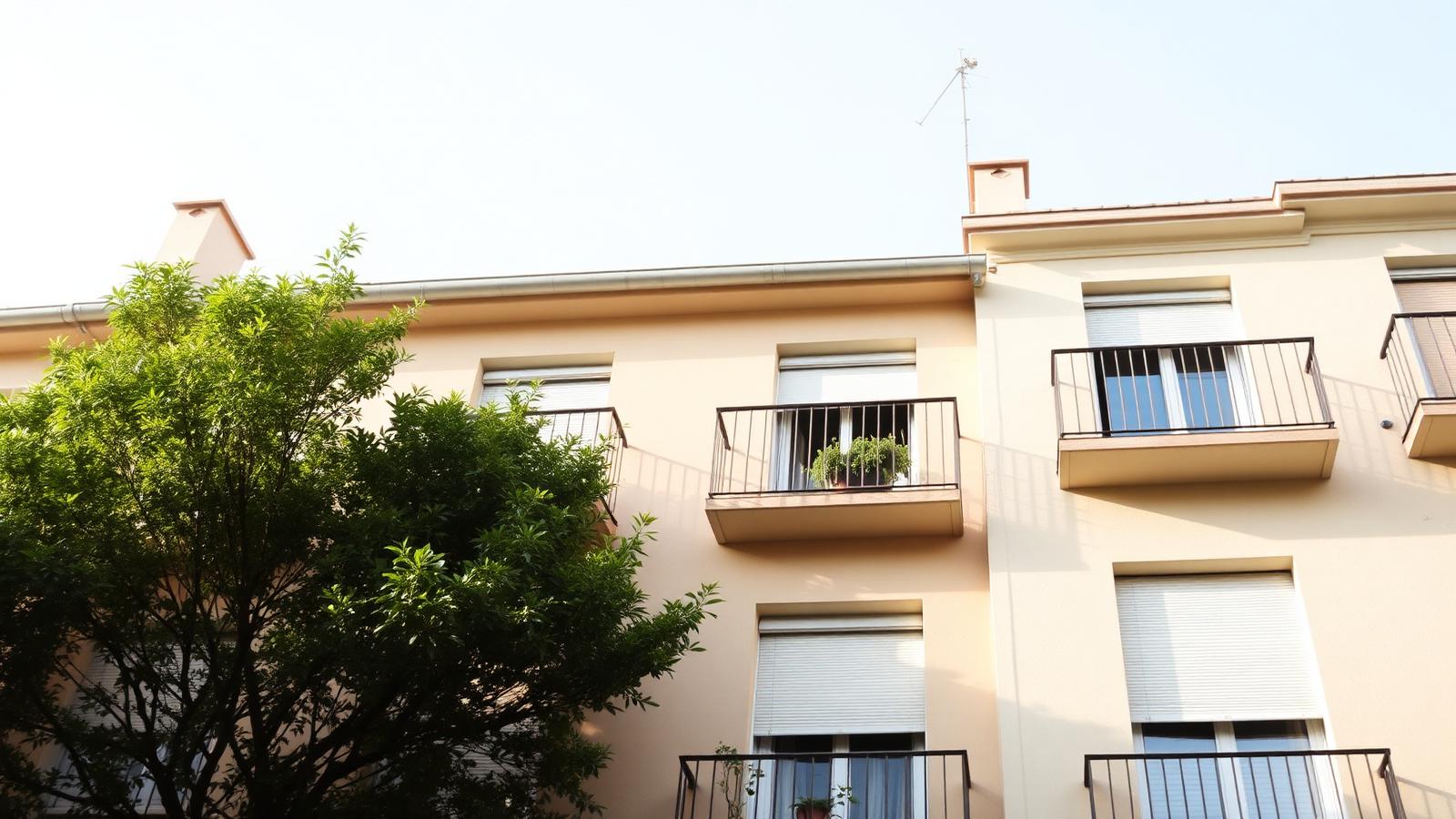 Spanish apartment building with balconies in morning light